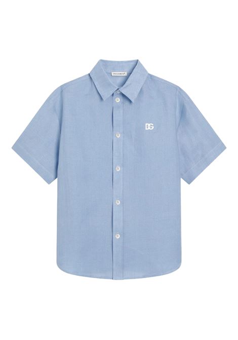 Camicia a Maniche Corte In Tela Di Lino Azzurra DOLCE & GABBANA KIDS | L44S55-FU4MHB3784